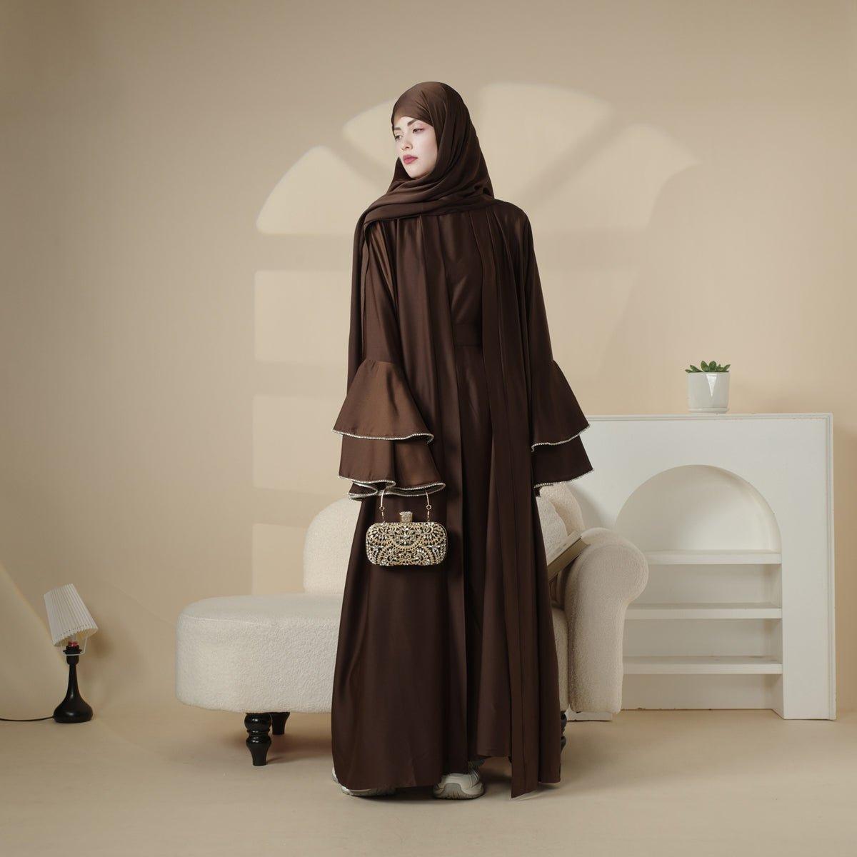 Crepe Satin Ruffle Sleeve Abaya, 5-Piece Set (MOA033), view 7