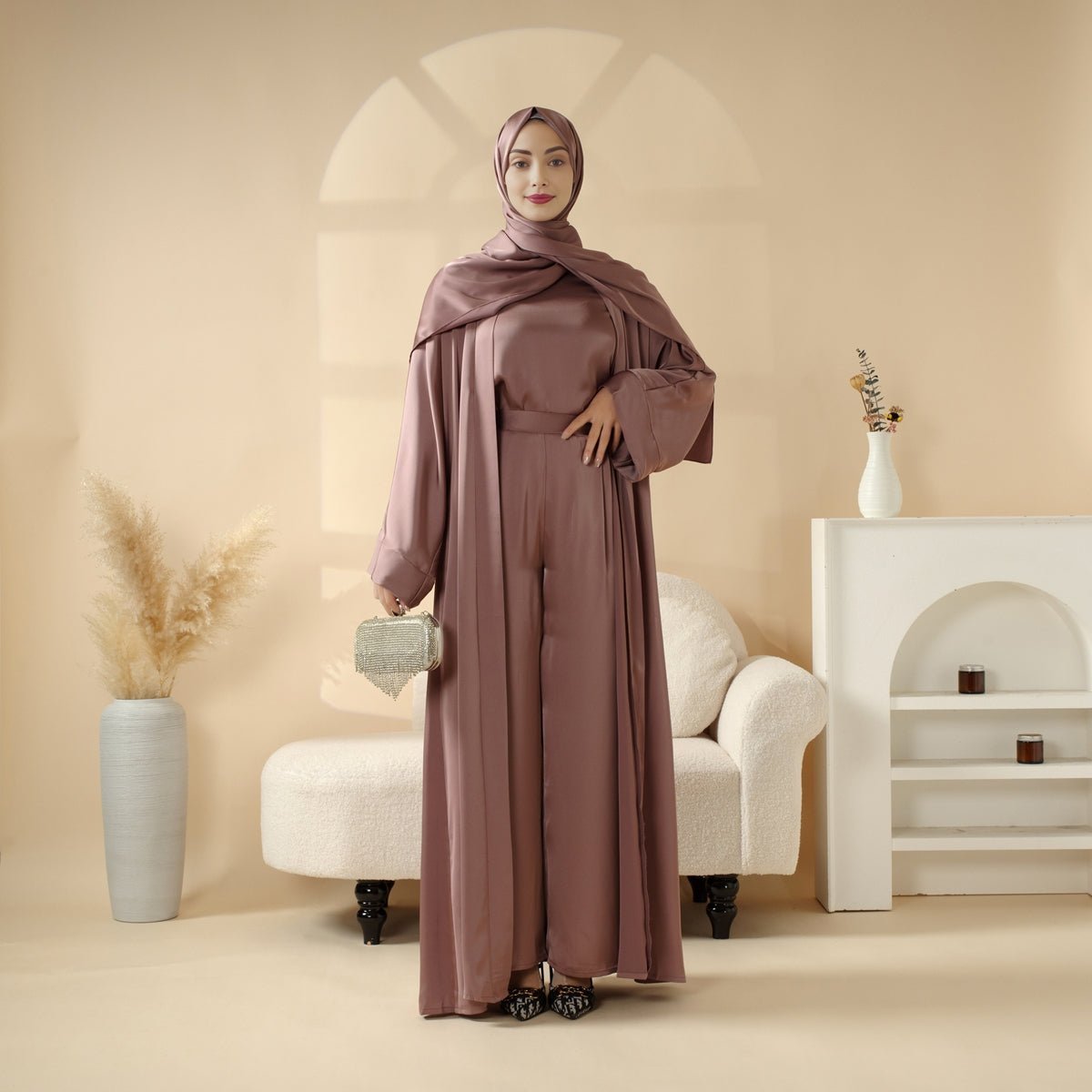 Luxury Satin Modest Abaya Set 4-Piece – Elegant Open Abaya, Top, Pants & Matching Hijab(MOA034) by Mariam's Collection