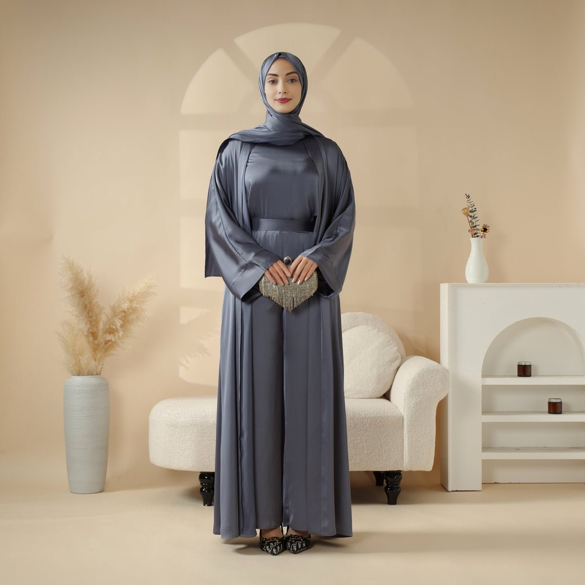 Luxury Satin Modest Abaya Set 4-Piece – Elegant Open Abaya, Top, Pants & Matching Hijab(MOA034), view 2