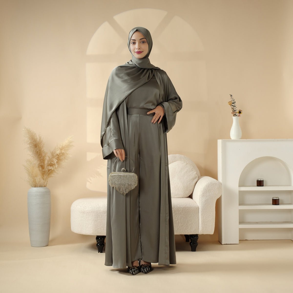 Luxury Satin Modest Abaya Set 4-Piece – Elegant Open Abaya, Top, Pants & Matching Hijab(MOA034), view 3