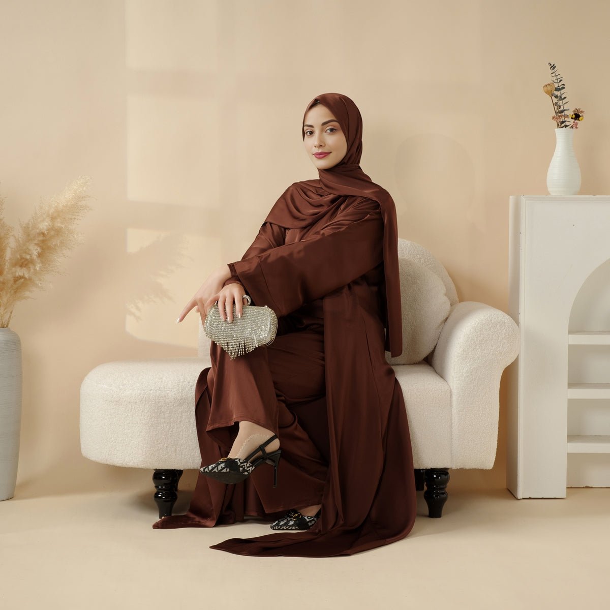 Luxury Satin Modest Abaya Set 4-Piece – Elegant Open Abaya, Top, Pants & Matching Hijab(MOA034), view 4