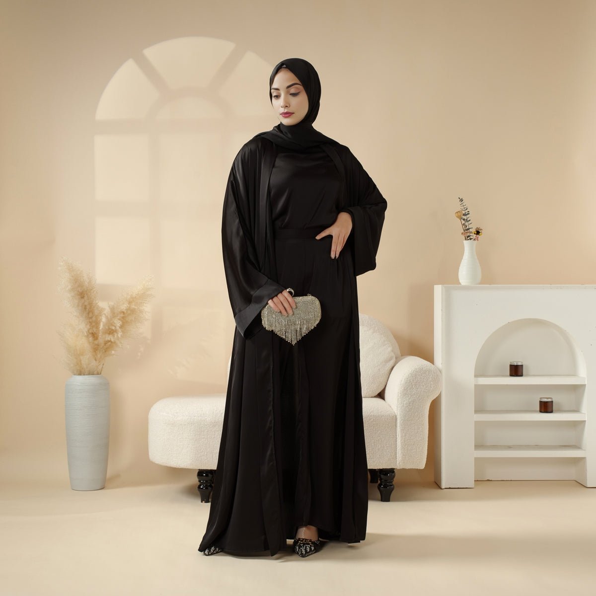 Luxury Satin Modest Abaya Set 4-Piece – Elegant Open Abaya, Top, Pants & Matching Hijab(MOA034), view 5