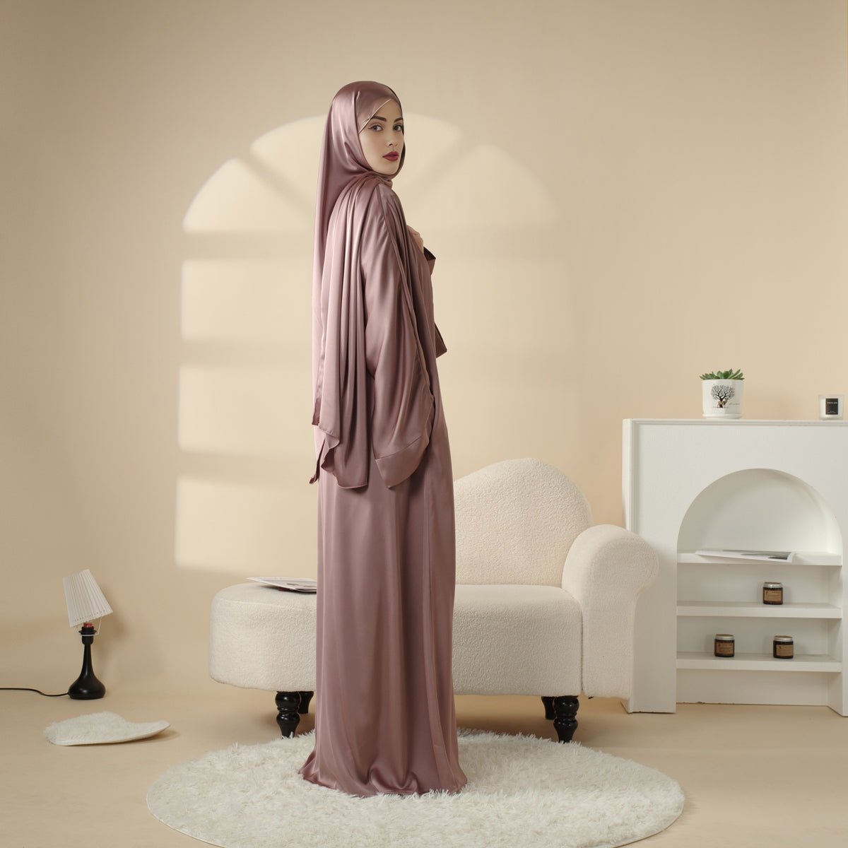Luxury Satin Modest Abaya Set 4-Piece – Elegant Open Abaya, Top, Pants & Matching Hijab(MOA034), view 7