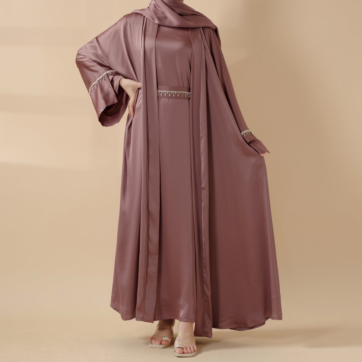 Luxury Satin Abaya With Diamond Tassels Belt,  6-Piece Set (MOA041), view 2
