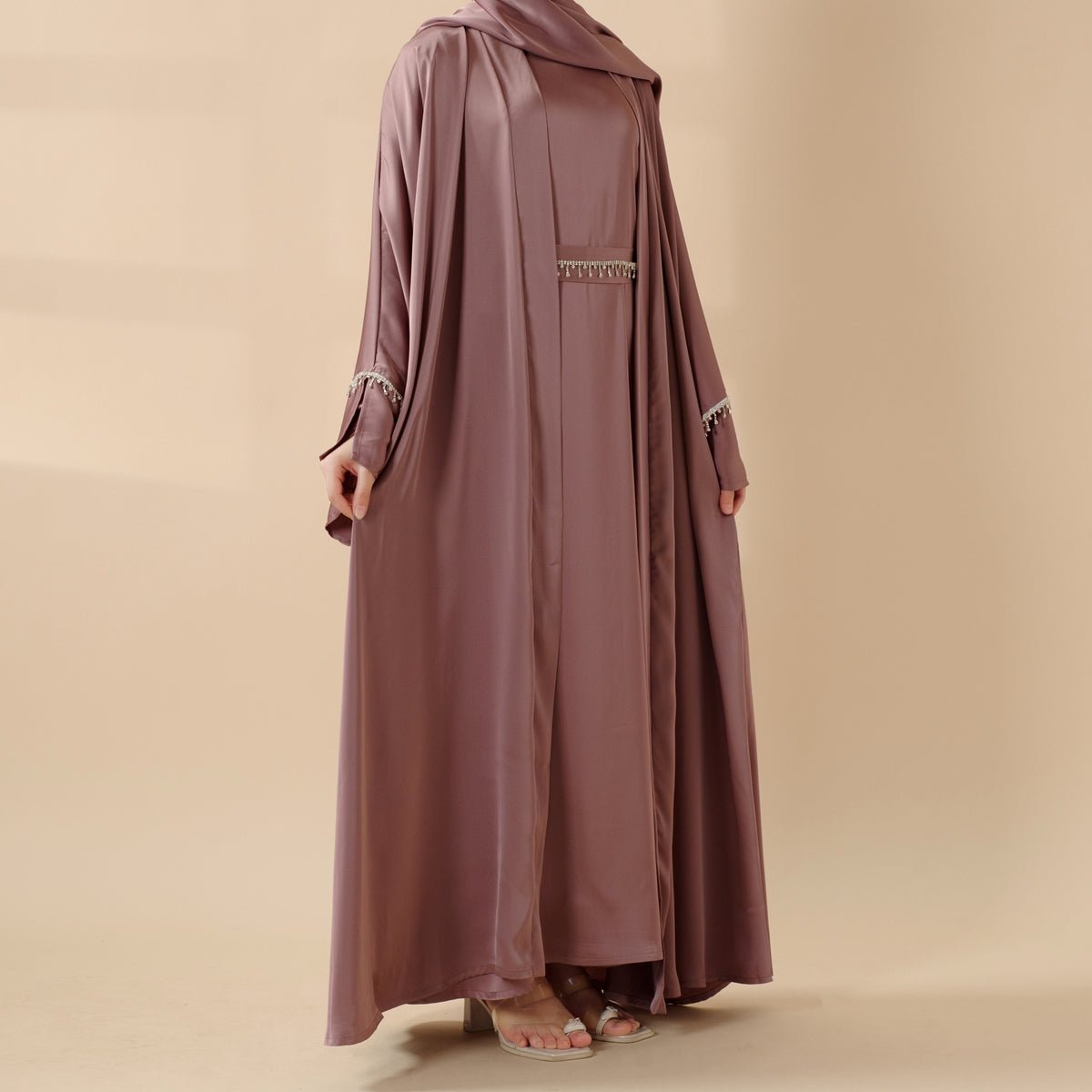 Luxury Satin Abaya With Diamond Tassels Belt,  6-Piece Set (MOA041), view 3