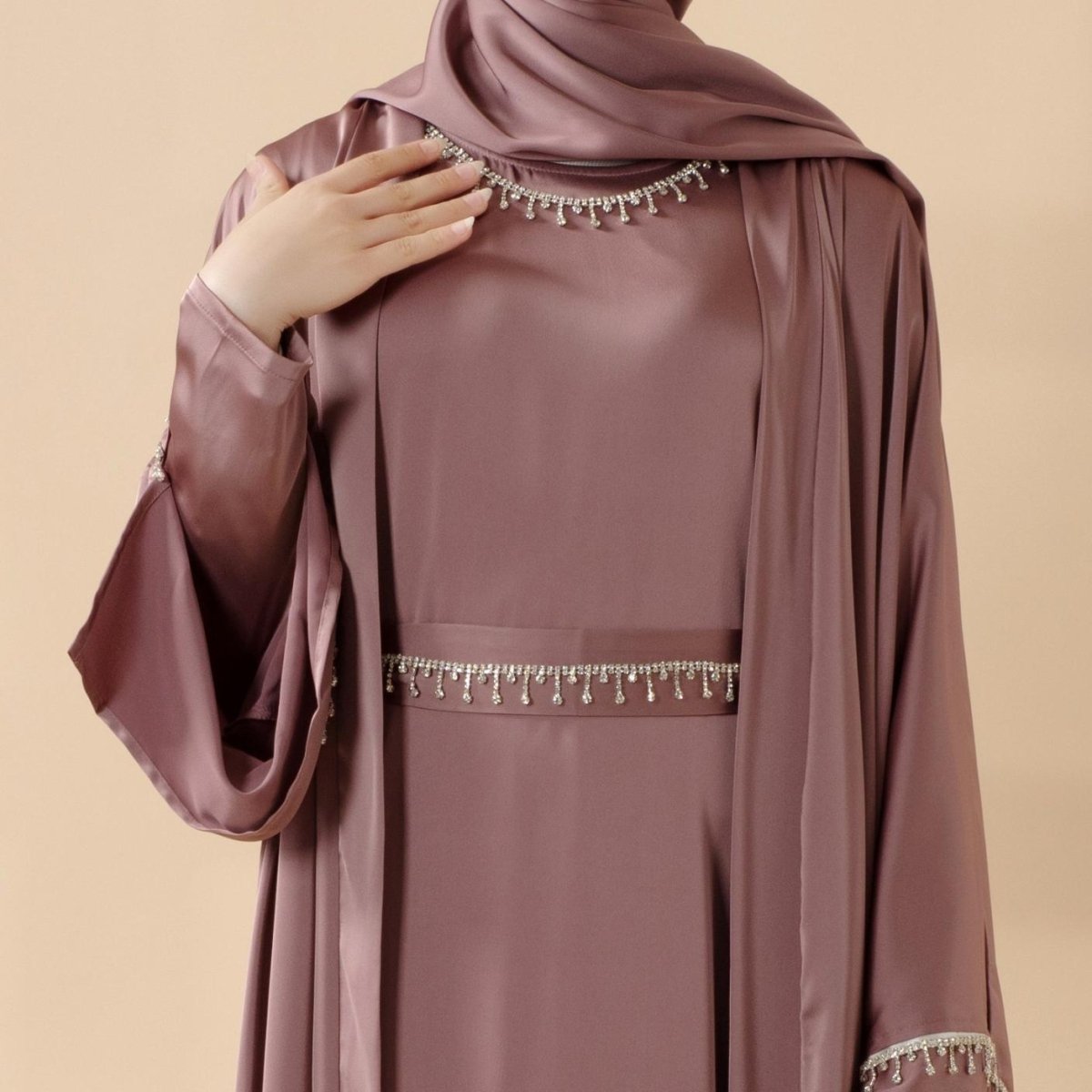 Luxury Satin Abaya With Diamond Tassels Belt,  6-Piece Set (MOA041), view 4