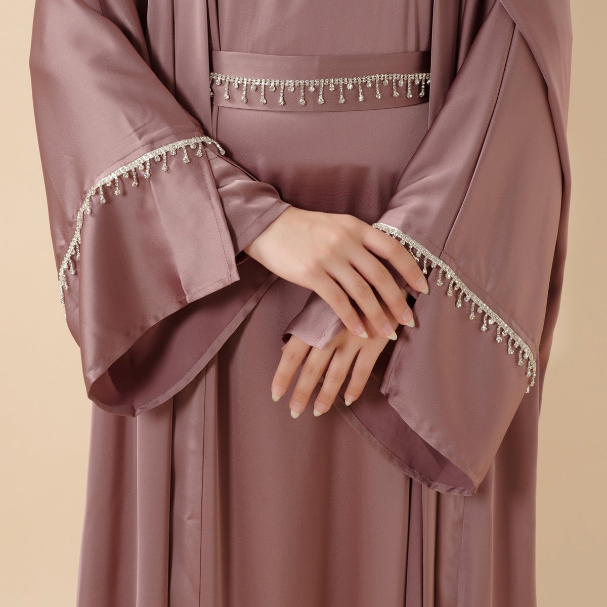 Luxury Satin Abaya With Diamond Tassels Belt,  6-Piece Set (MOA041), view 5