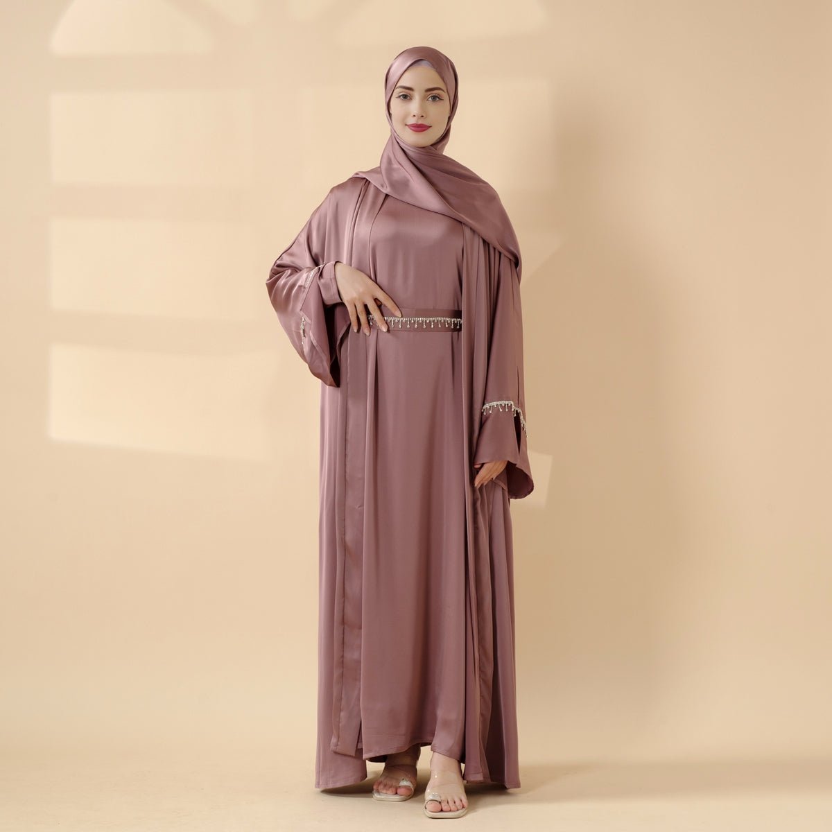 Luxury Satin Abaya With Diamond Tassels Belt,  6-Piece Set (MOA041), view 7