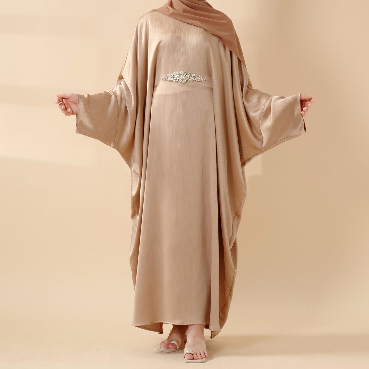 Modest Kaftan for Special Occasions: Batwing Abaya With Rhinestone Waist (MA135) by Mariam's Collection