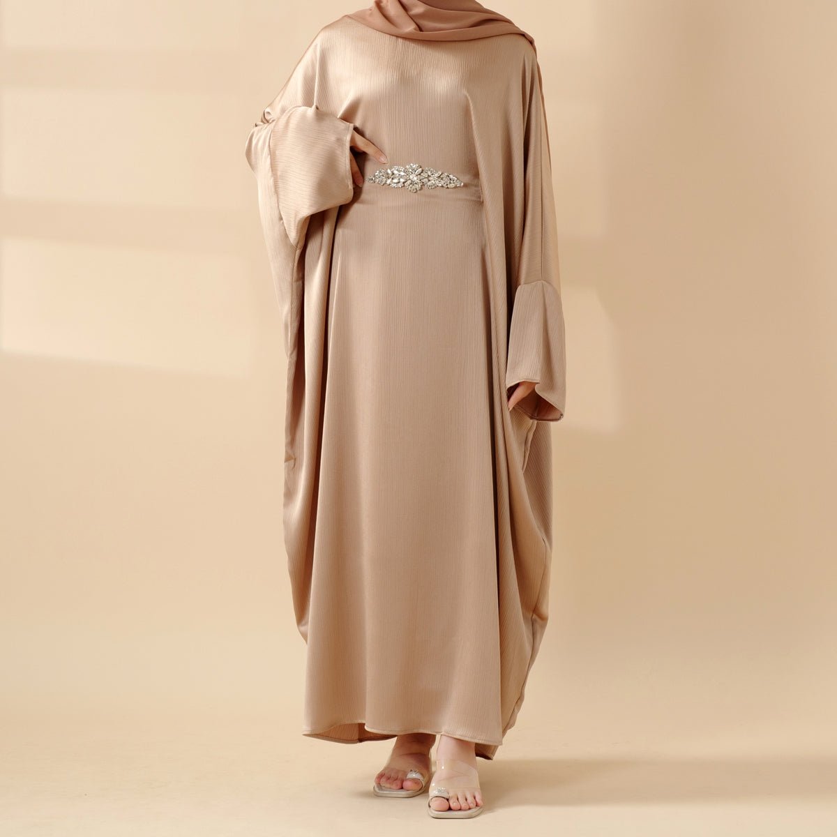 Modest Kaftan for Special Occasions: Batwing Abaya With Rhinestone Waist (MA135), view 2