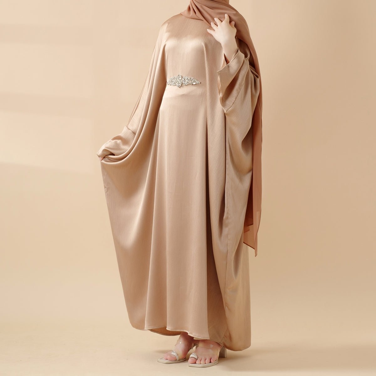 Modest Kaftan for Special Occasions: Batwing Abaya With Rhinestone Waist (MA135), view 3