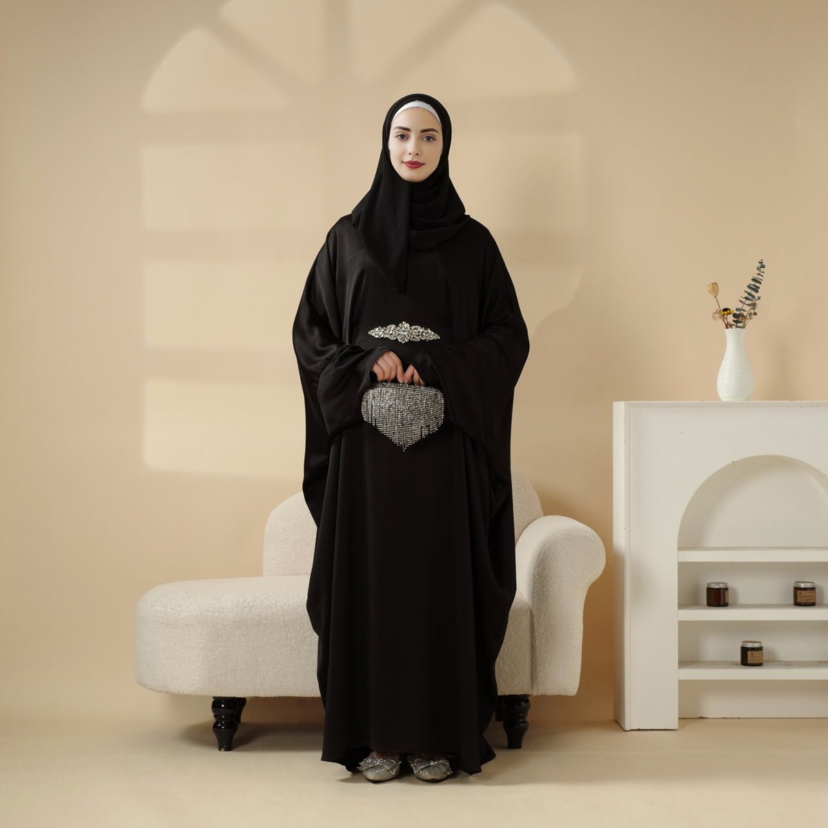 Modest Kaftan for Special Occasions: Batwing Abaya With Rhinestone Waist (MA135), view 7