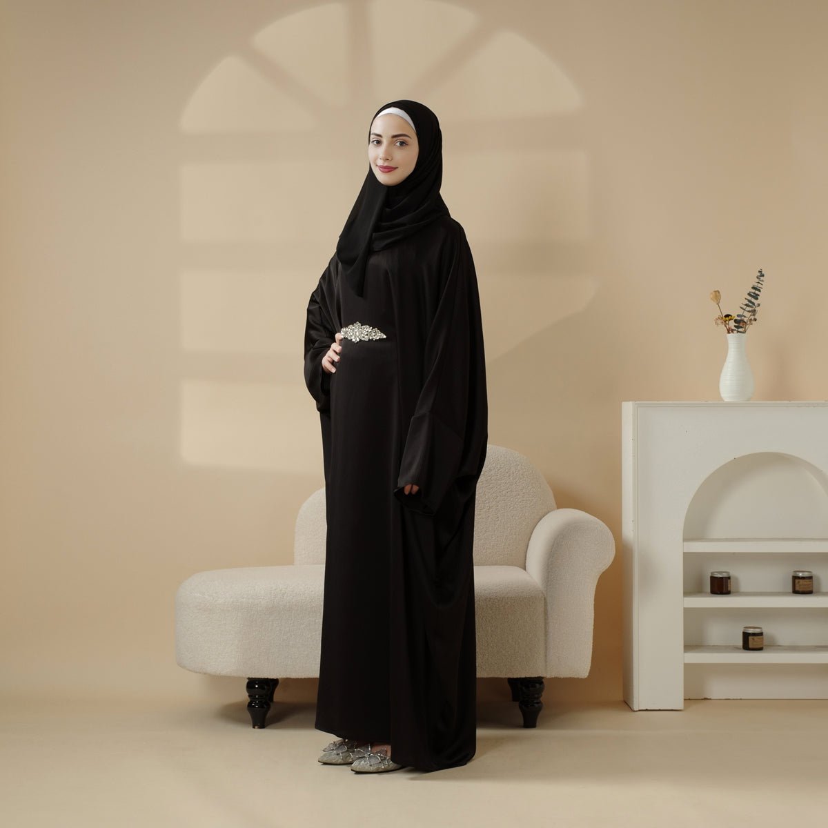 Modest Kaftan for Special Occasions: Batwing Abaya With Rhinestone Waist (MA135), view 8