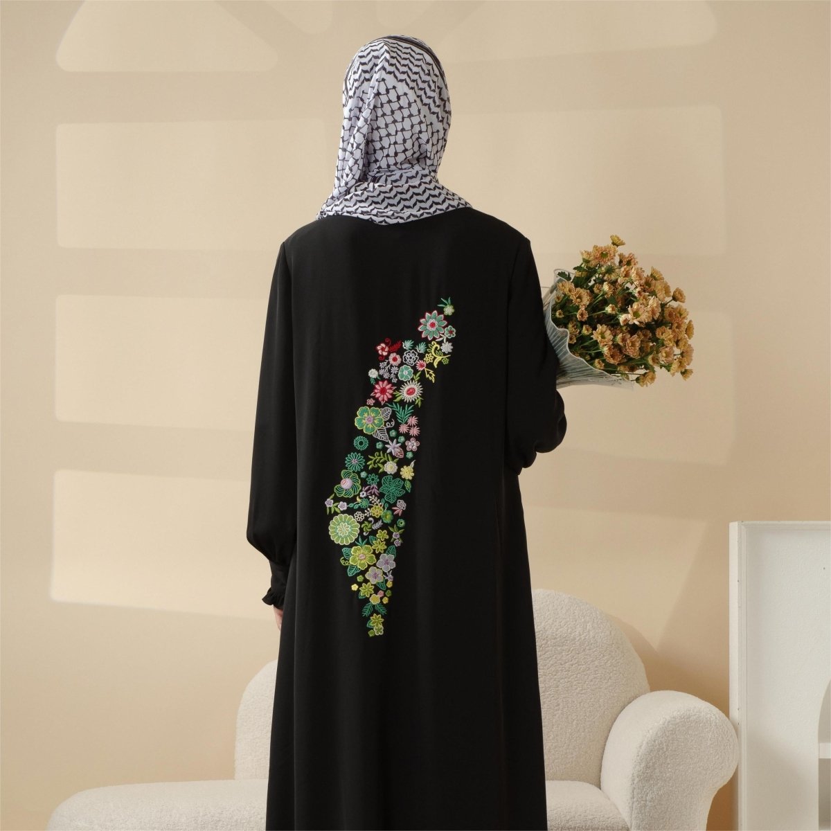 Modest Pullover Abaya with Palestinian Embroidery, Elegant Ruffled Cuff Maxi Dress (MA141) by Mariam's Collection