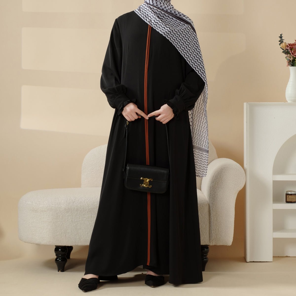 Modest Pullover Abaya with Palestinian Embroidery, Elegant Ruffled Cuff Maxi Dress (MA141), view 3