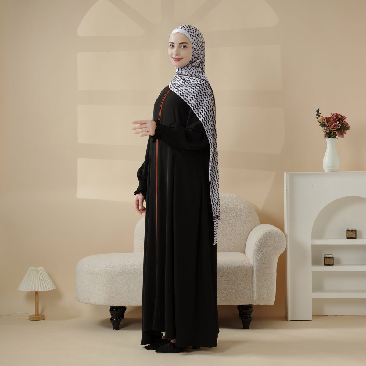 Modest Pullover Abaya with Palestinian Embroidery, Elegant Ruffled Cuff Maxi Dress (MA141), view 4