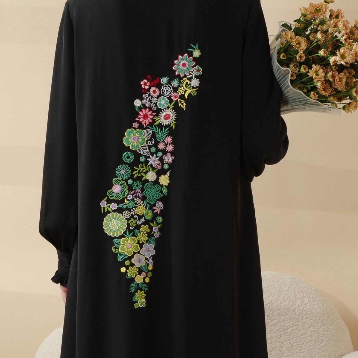Modest Pullover Abaya with Palestinian Embroidery, Elegant Ruffled Cuff Maxi Dress (MA141), view 5