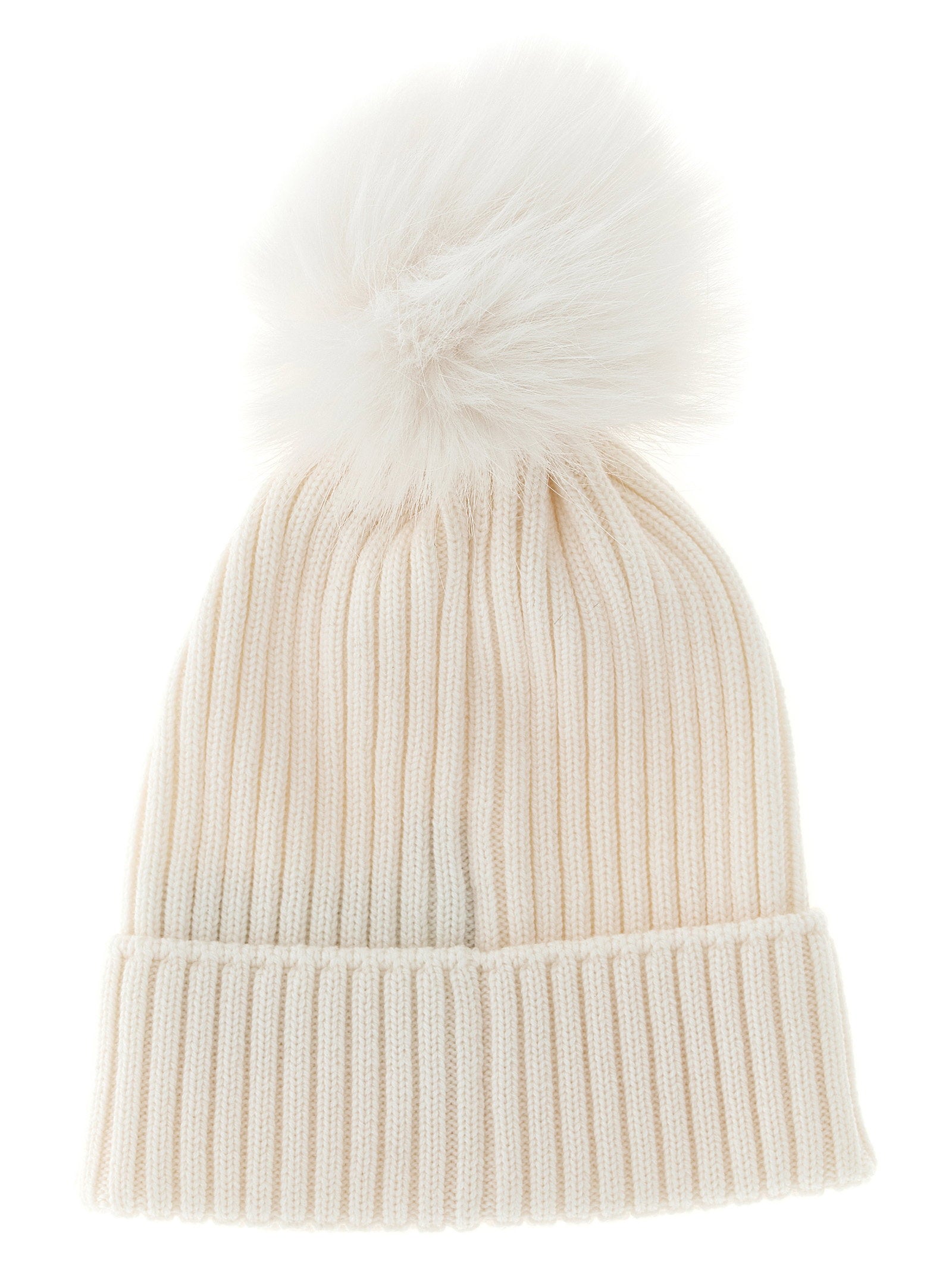Moncler Enfant Ribbed Merino Wool Pom-Pom Beanie — Cream, view 2