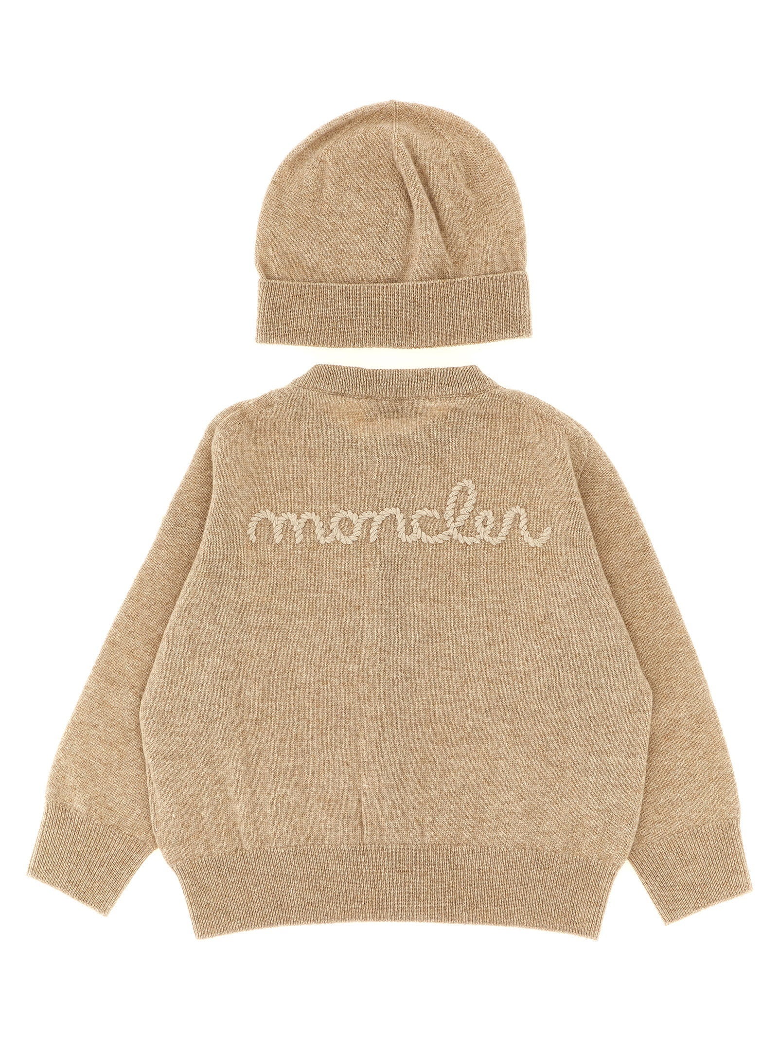 Moncler Enfant Virgin Wool and Cashmere Blend Cardigan — Beige, view 2