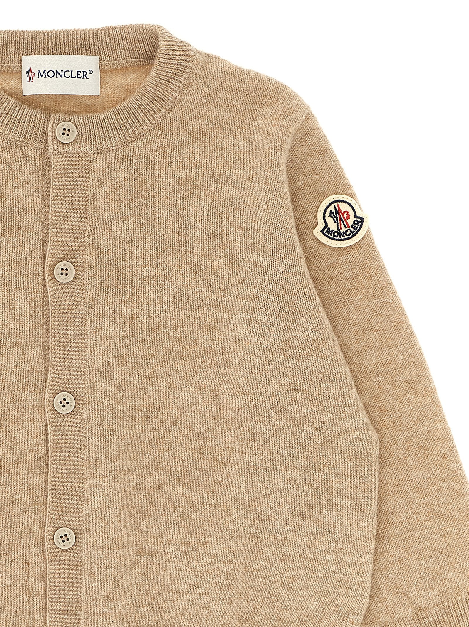 Moncler Enfant Virgin Wool and Cashmere Blend Cardigan — Beige, view 3