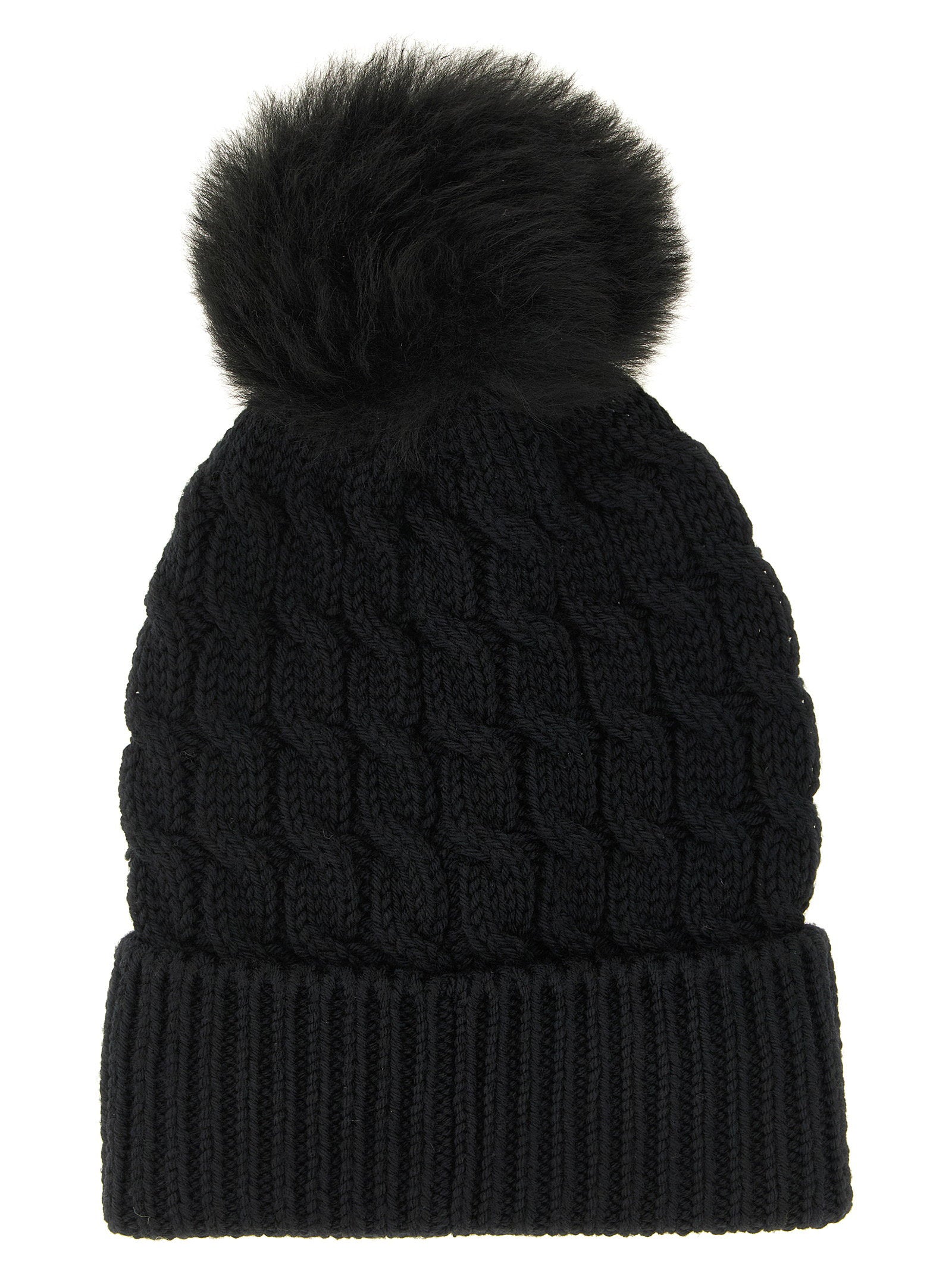 Moncler Grenoble Braided Wool with Sheepskin Pom-Pom Beanie — Black, view 2