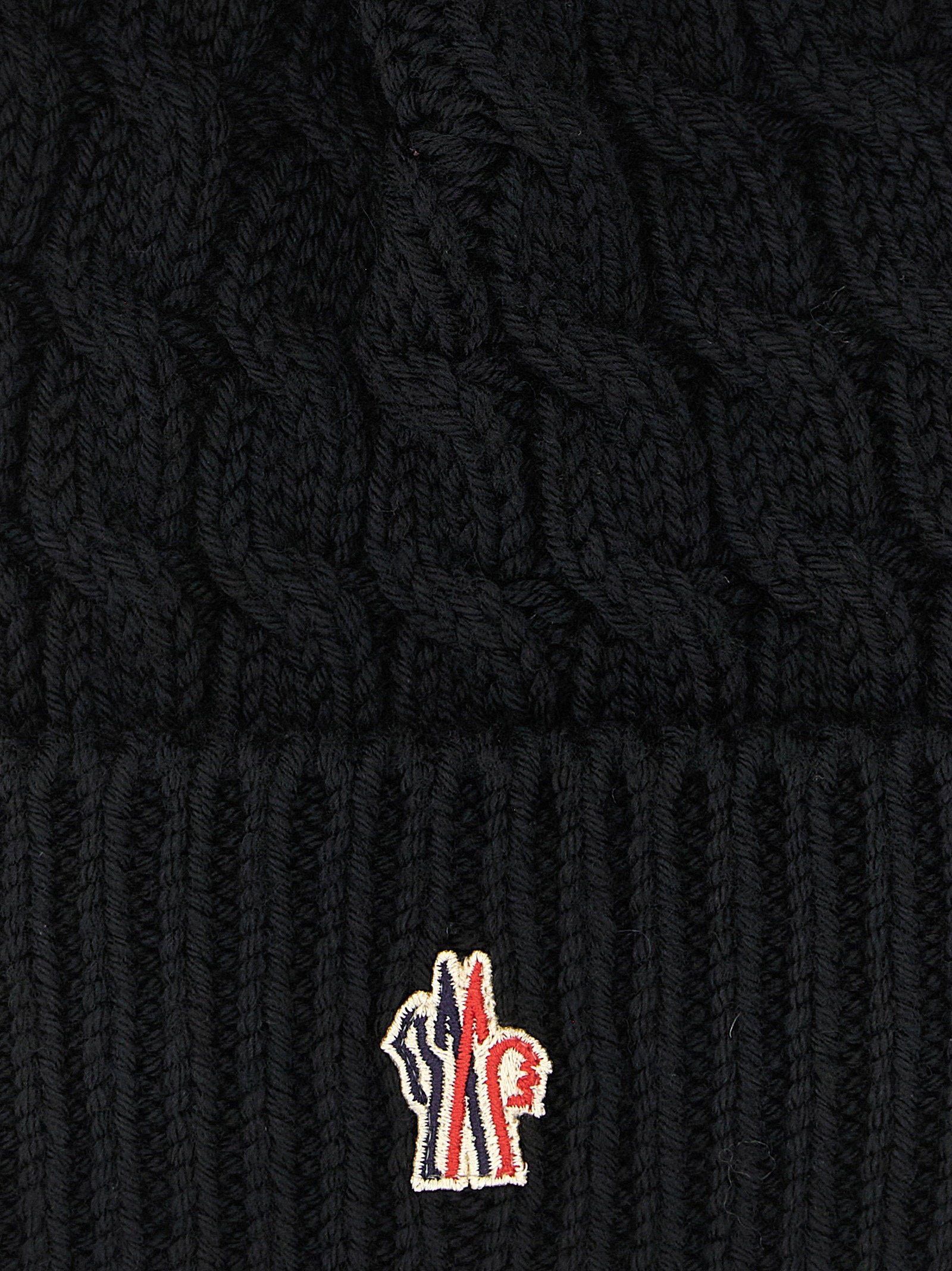 Moncler Grenoble Braided Wool with Sheepskin Pom-Pom Beanie — Black, view 3