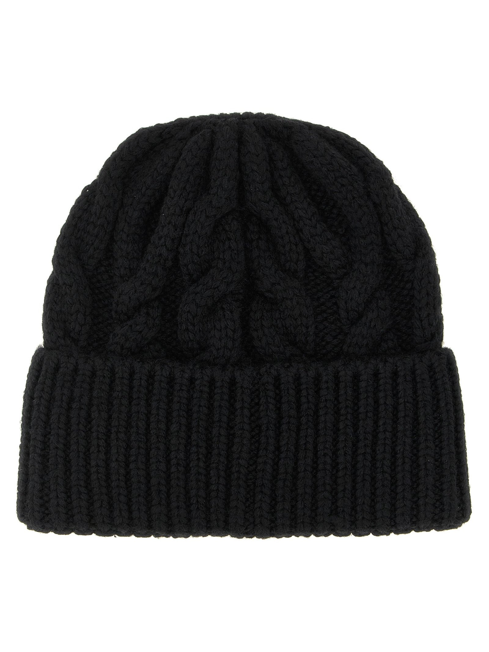 Moncler Grenoble MO344157BM Virgin Wool Cable-Knit Beanie — Black, view 2