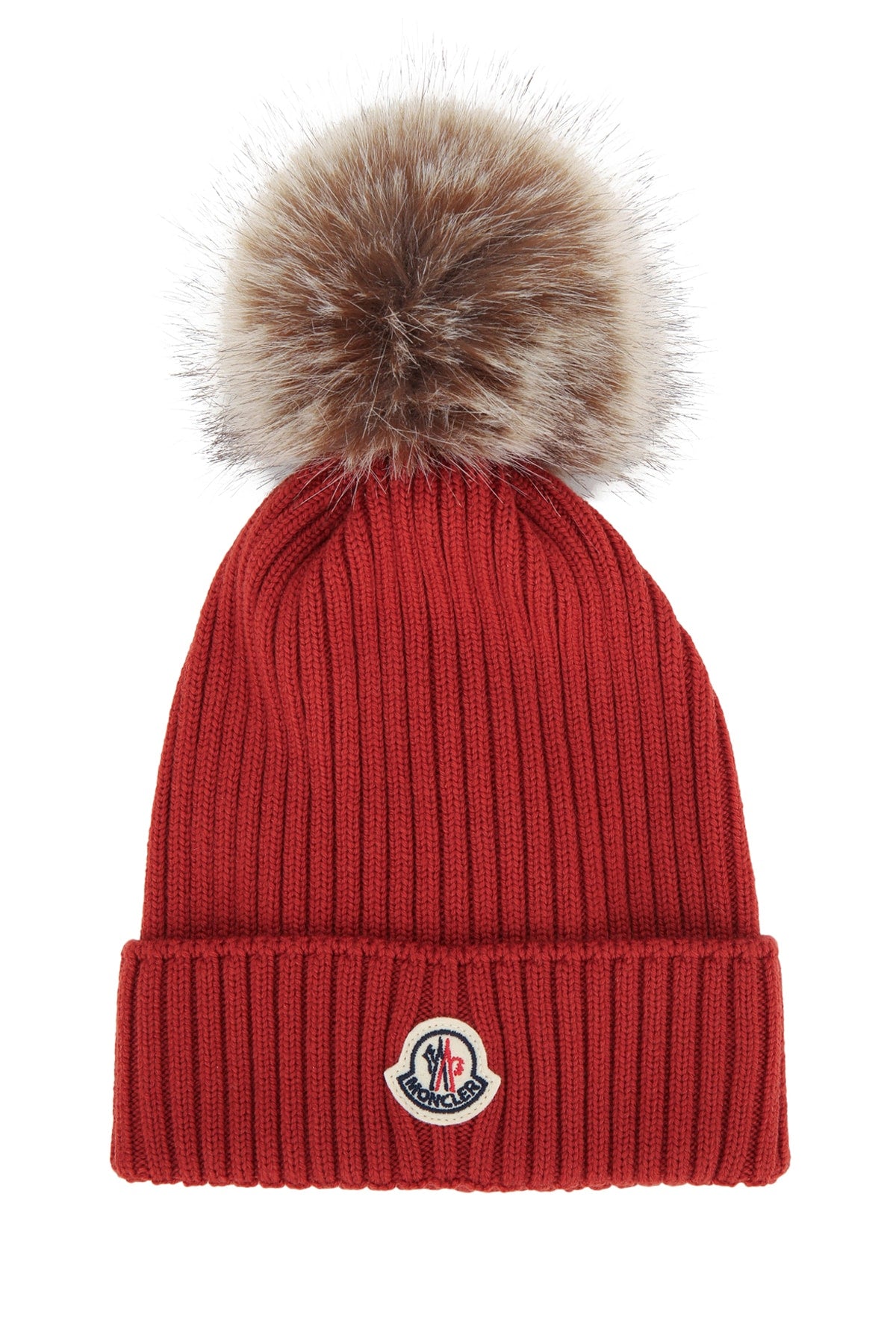 Moncler Jr HAT Ribbed Wool with Fur Pom Beanie — Red by Moncler Jr