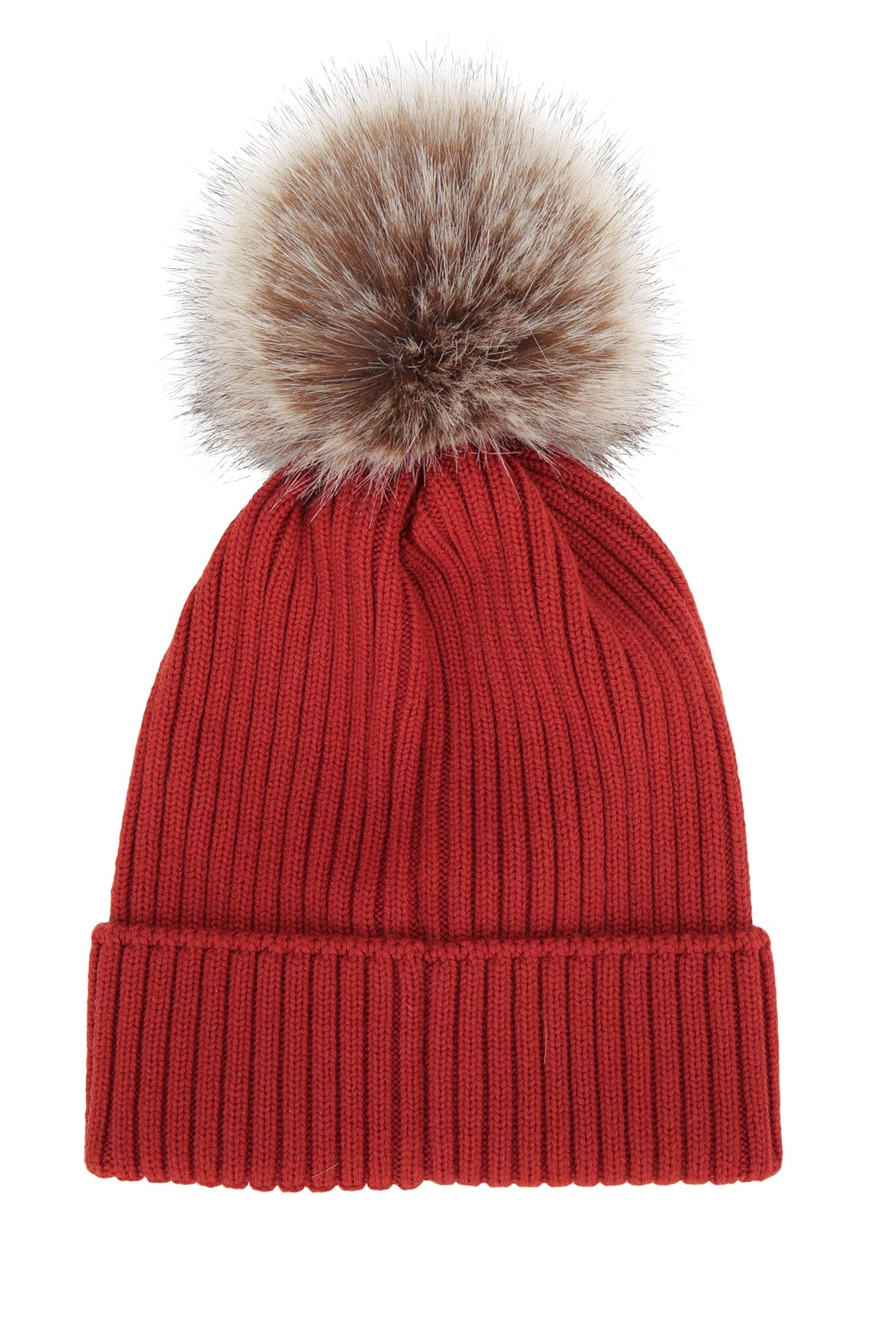 Moncler Jr HAT Ribbed Wool with Fur Pom Beanie — Red, view 2