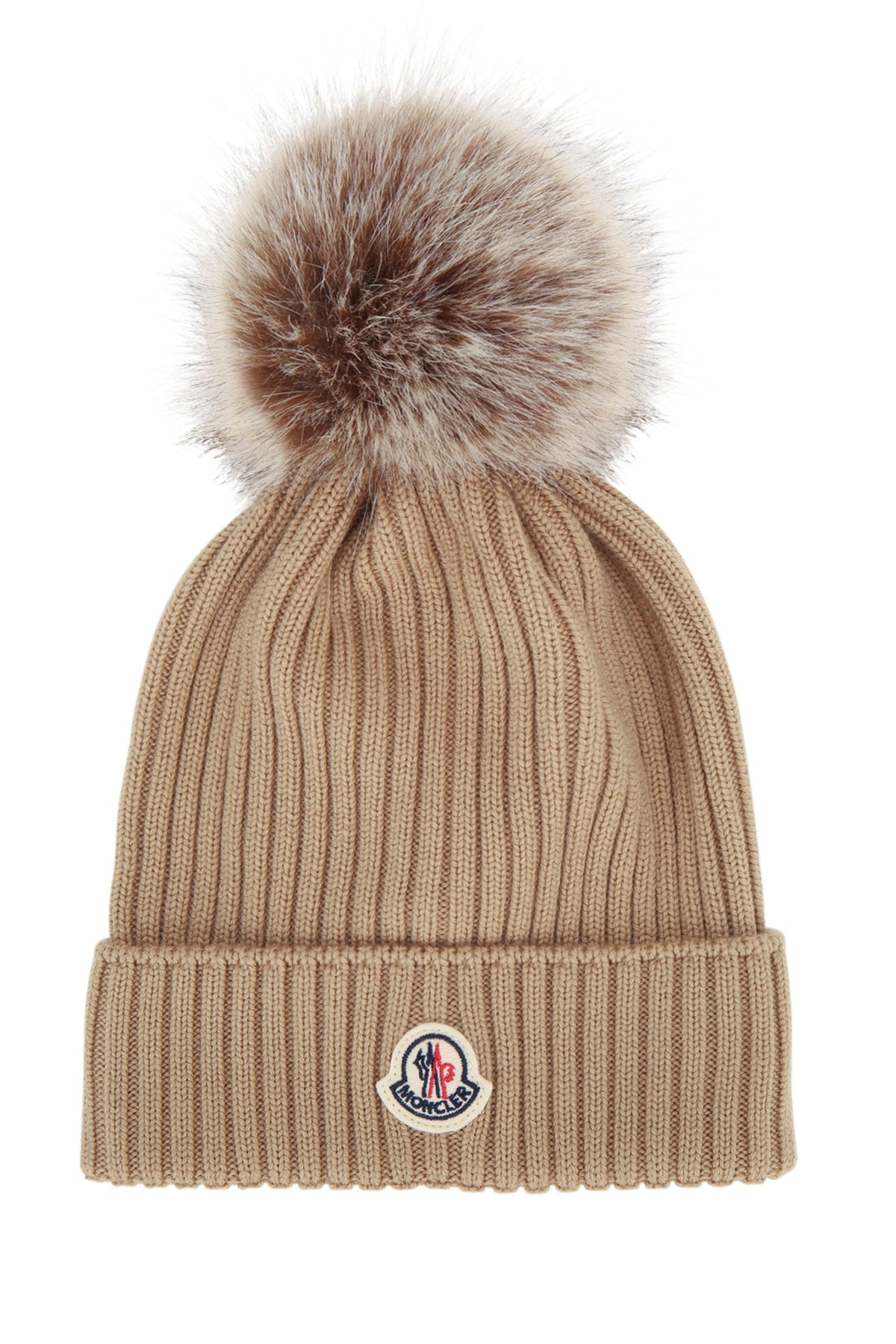 Moncler Jr HAT Ribbed Cotton with Fur Pom-Pom Winter Hat — Beige by Moncler Jr