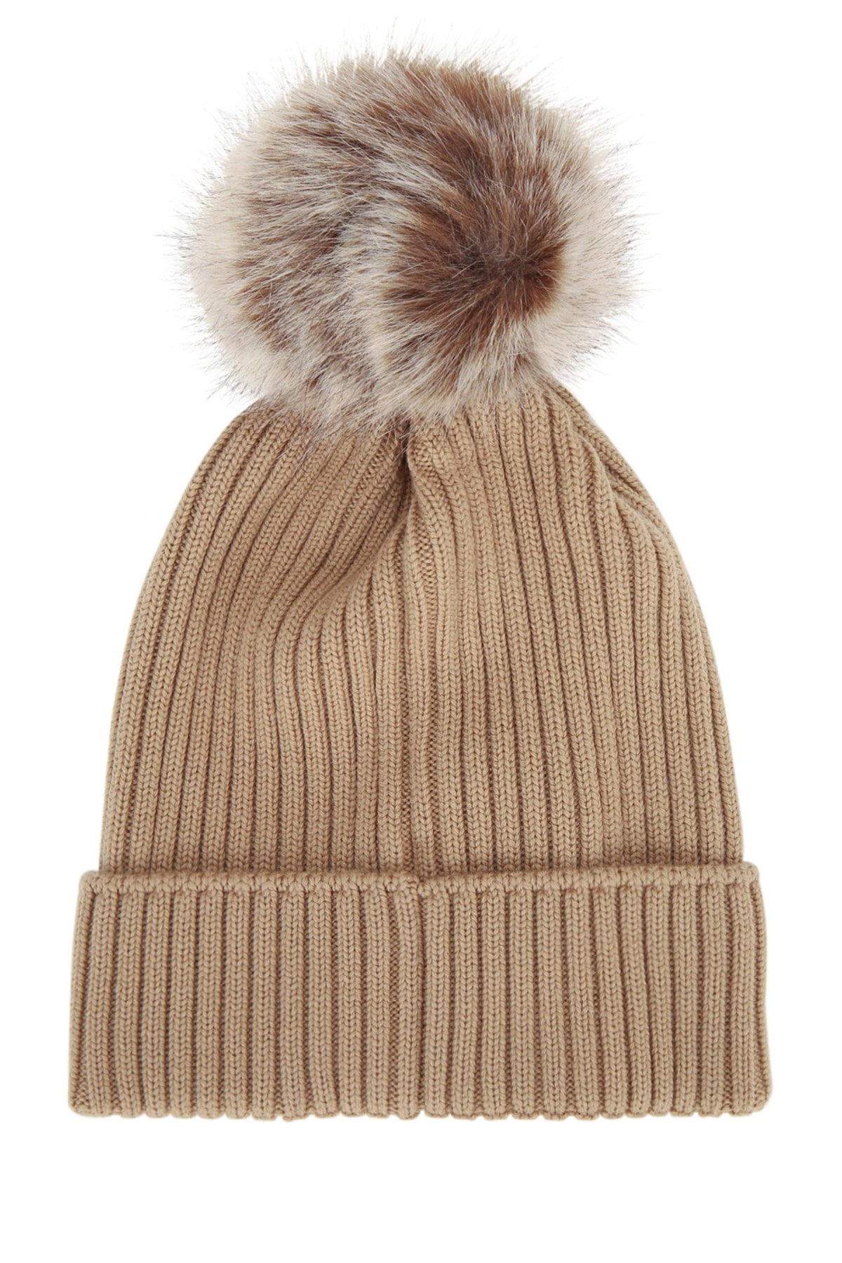 Moncler Jr HAT Ribbed Cotton with Fur Pom-Pom Winter Hat — Beige, view 2