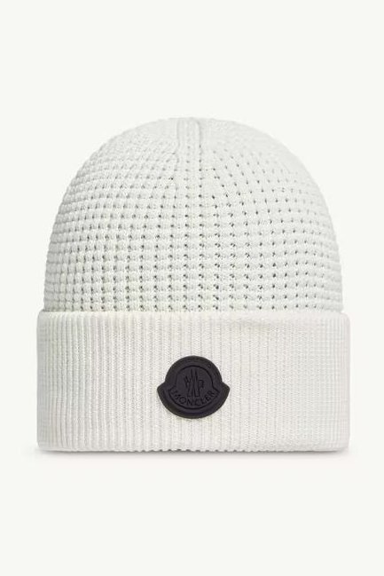 Moncler K20913B00032M1367 Logo-Patch Knit Beanie — White by Moncler