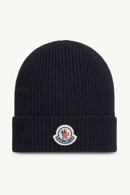 Moncler L20913B70500A9342999 Ribbed Knit Logo Beanie — Navy by Moncler
