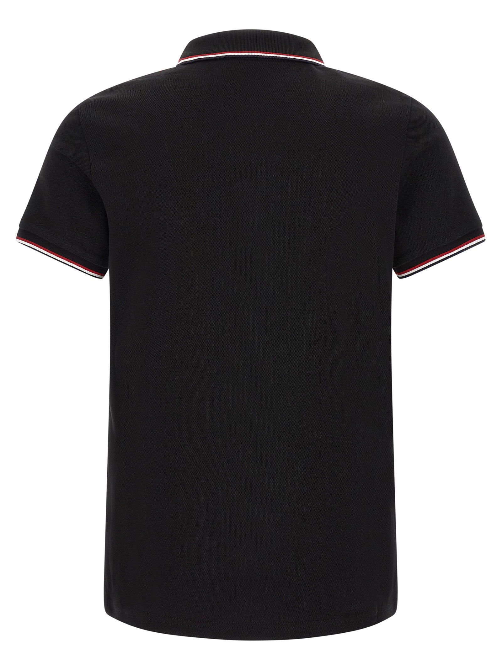 Moncler Tricolor Trim Cotton Piqué Polo Shirt — Black, view 2