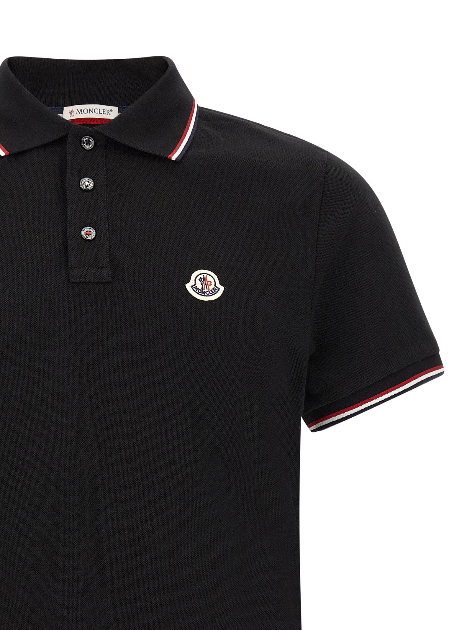 Moncler Tricolor Trim Cotton Piqué Polo Shirt — Black, view 3