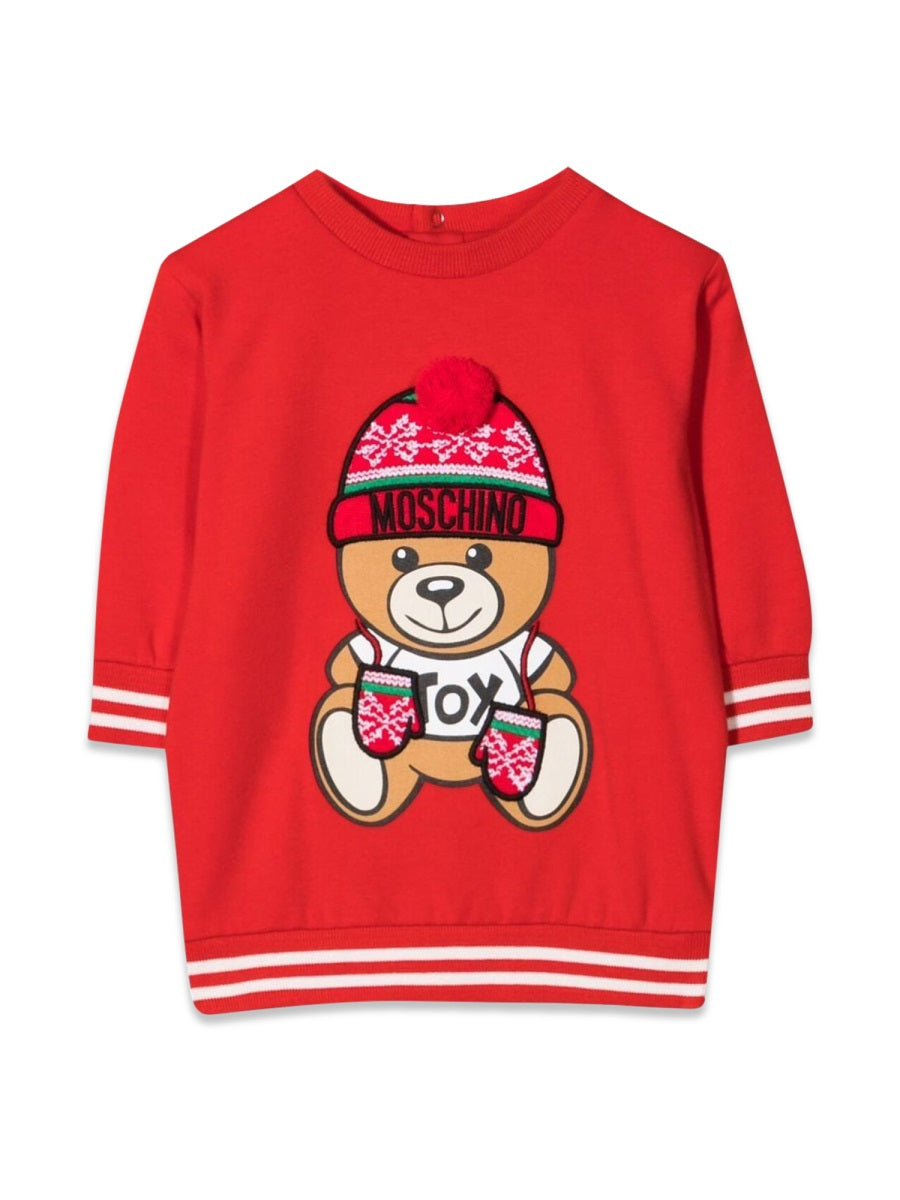 Moschino Teddy-Embellished Cotton Dress — Red, view 4