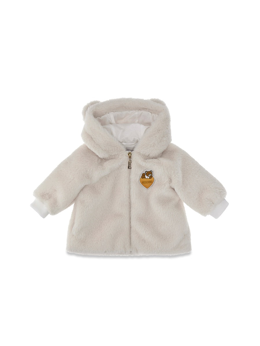 Moschino Hooded Plush Teddy Jacket — White, view 3