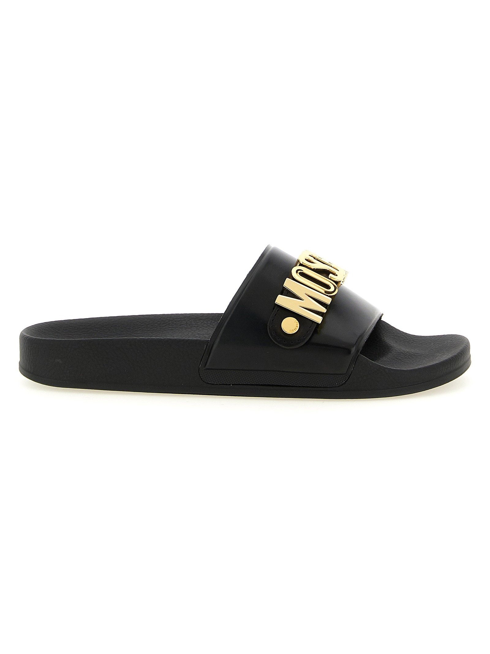 Moschino Gold Metal Logo Slide — Black by Moschino