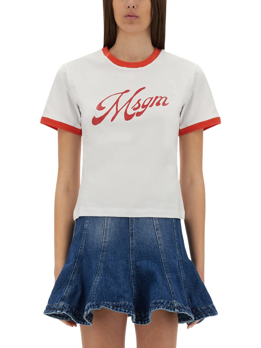 MSGM Logo-Embroidered Cotton T-Shirt — White, view 3