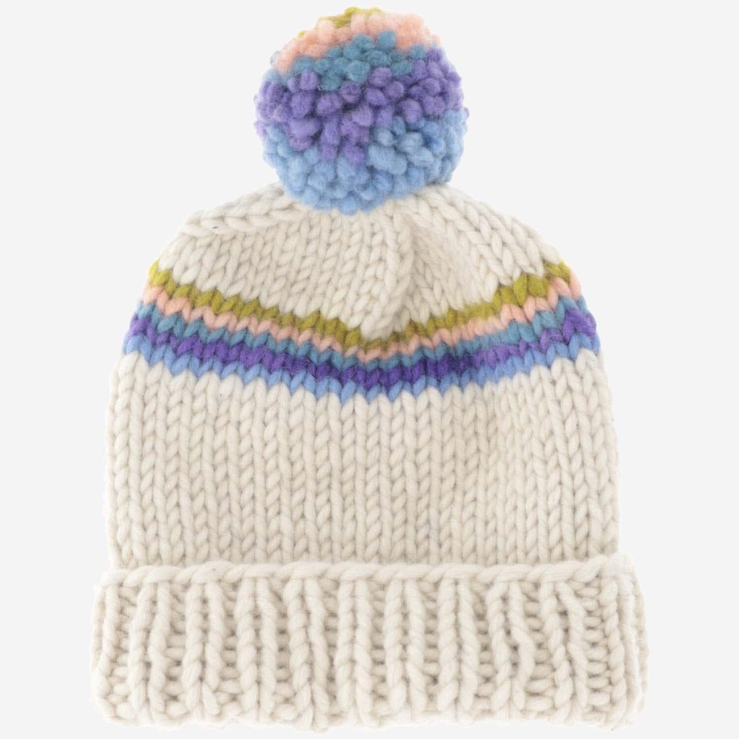 Myssy SOMPA Wool With Striped Pom Beanie — White by Myssy