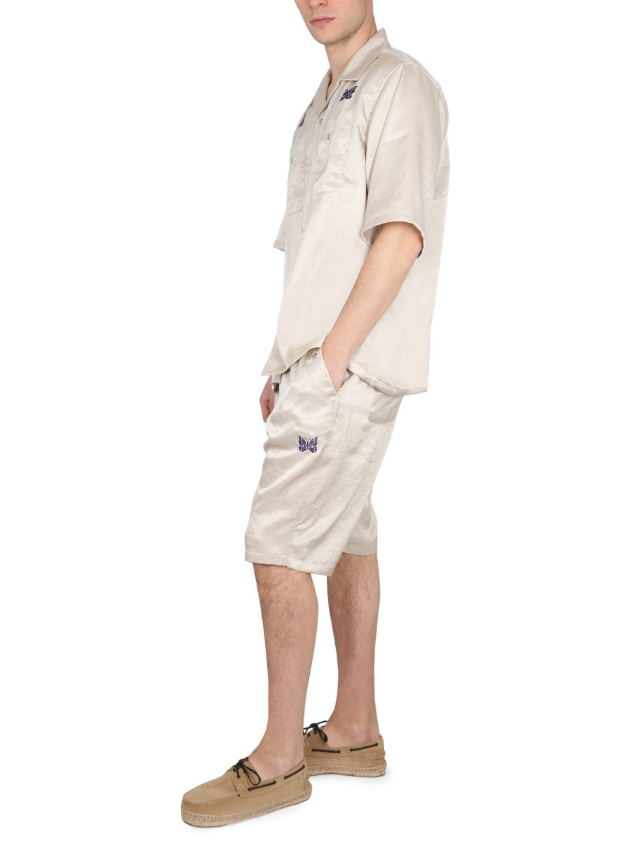 Needles Drawstring Elastic Waist Bermuda Shorts — Beige, view 4