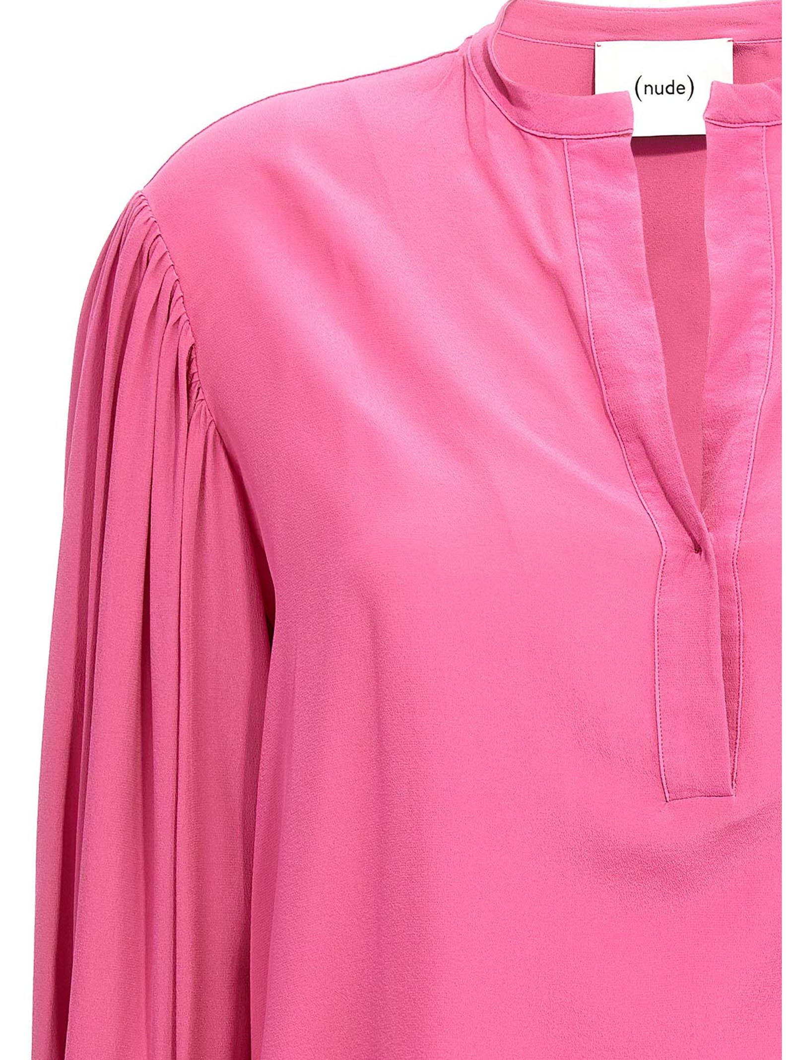 Nude Silk V-Neck Blouse — Pink, view 3