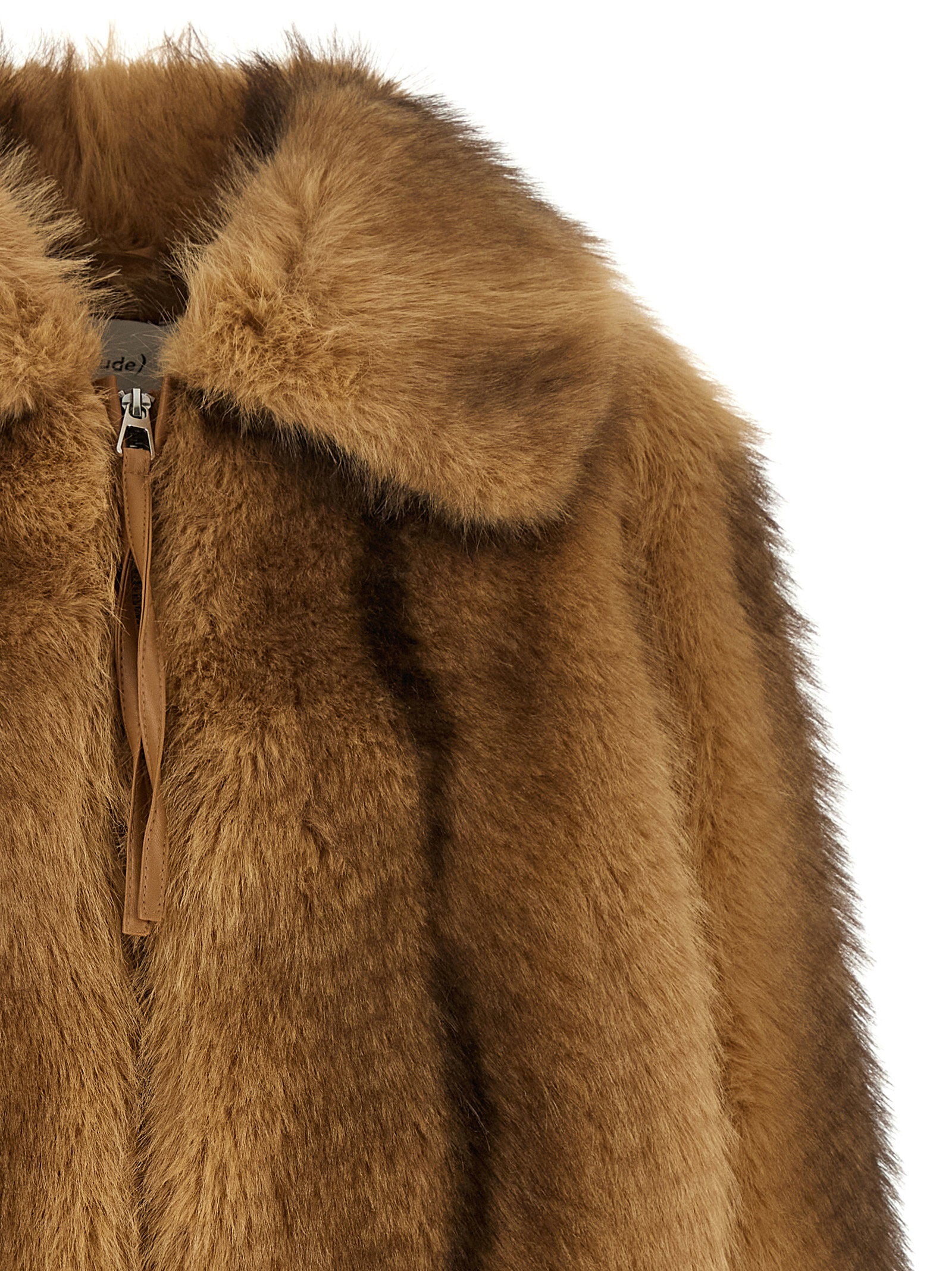 Nude Long-Haired Eco-Fur Bomber Jacket — Camel, view 3