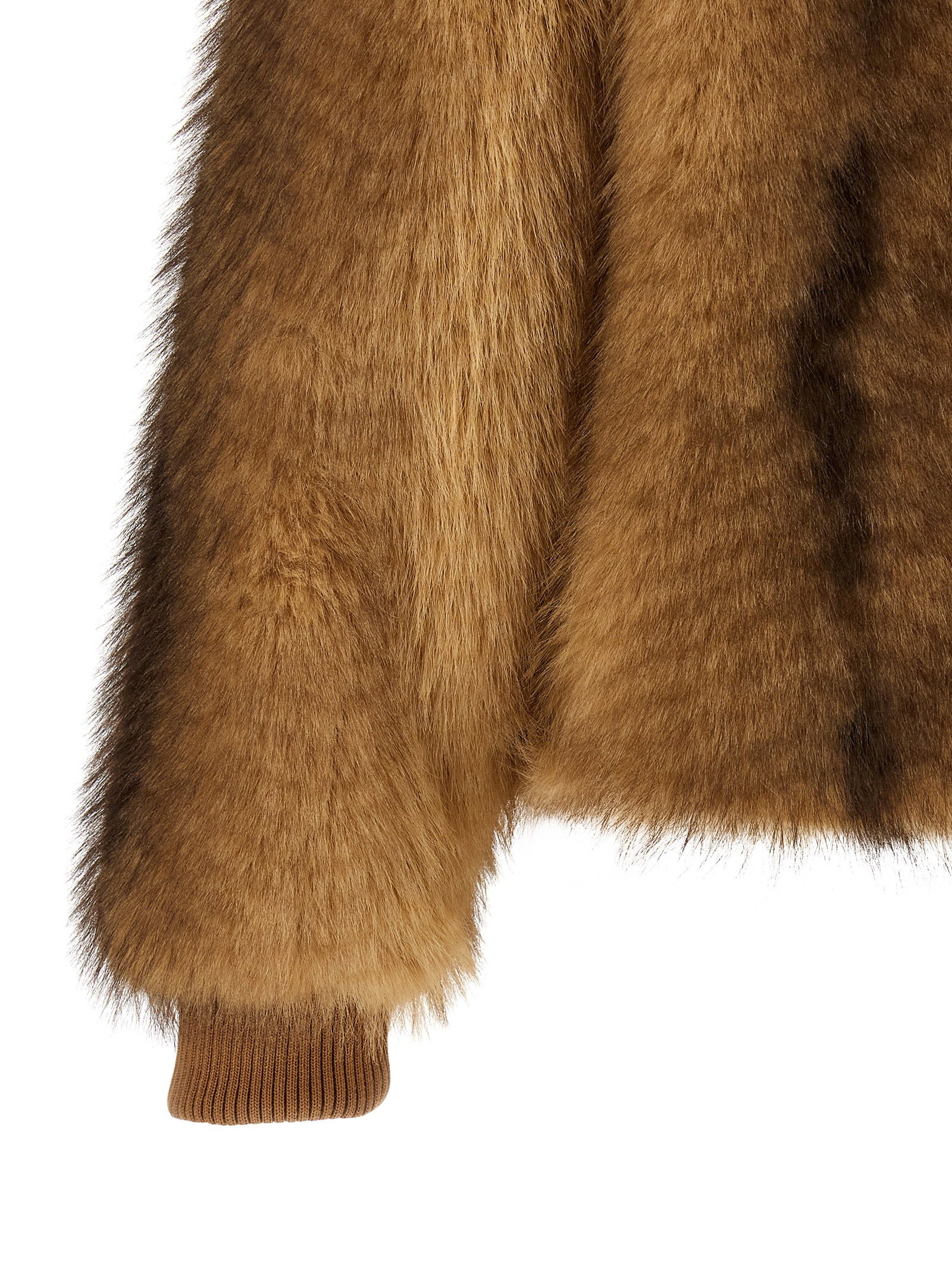 Nude Long-Haired Eco-Fur Bomber Jacket — Camel, view 4