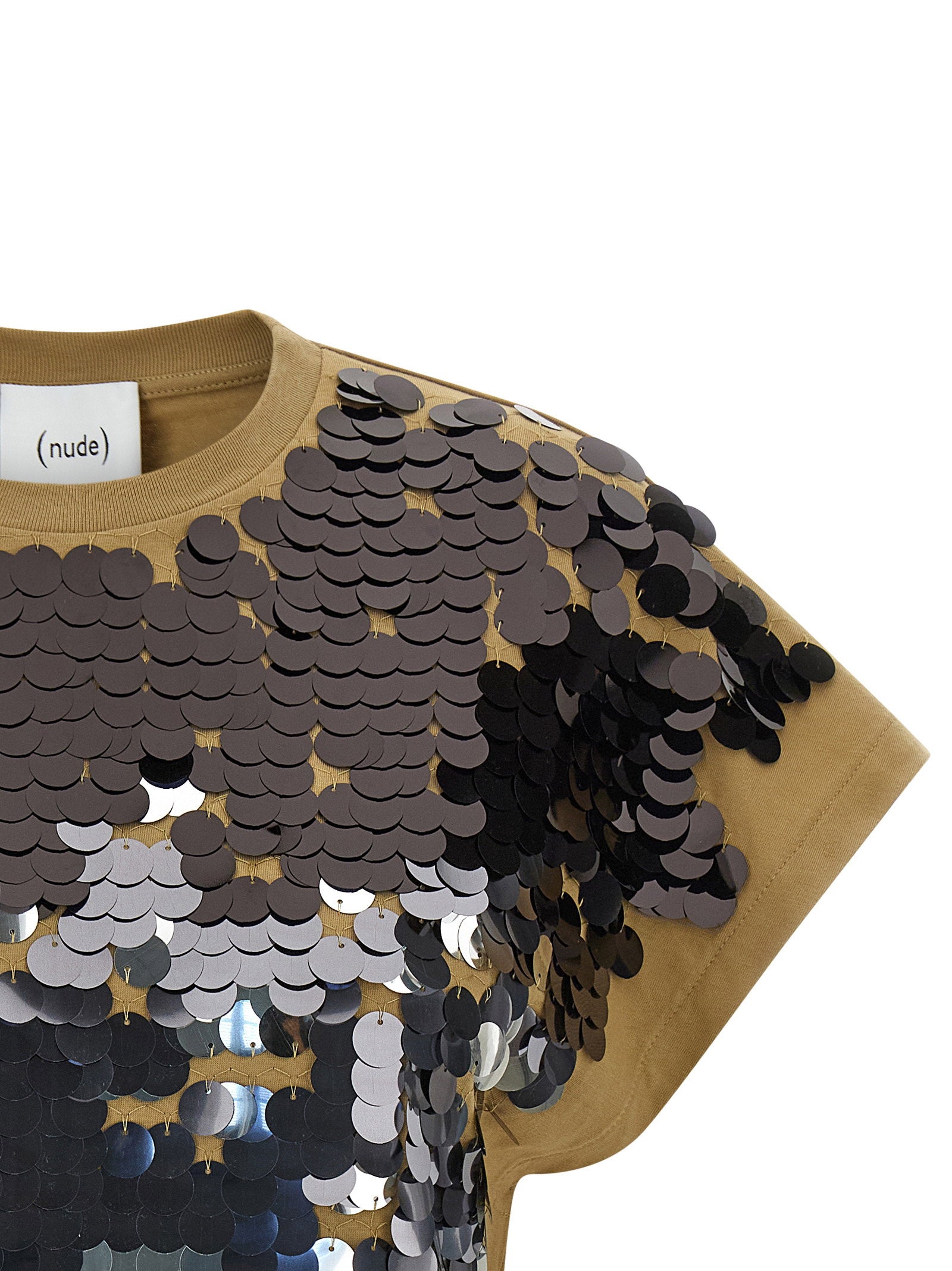 Nude Sequin-Embellished T-Shirt — Camel, view 3