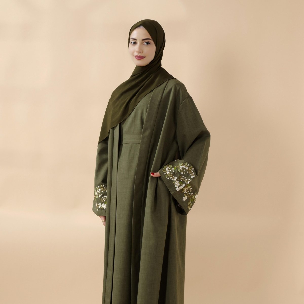 Olive Branch Embroidered Linen Abaya Set With Matching Belt & Hijab (MOA037) by Mariam's Collection
