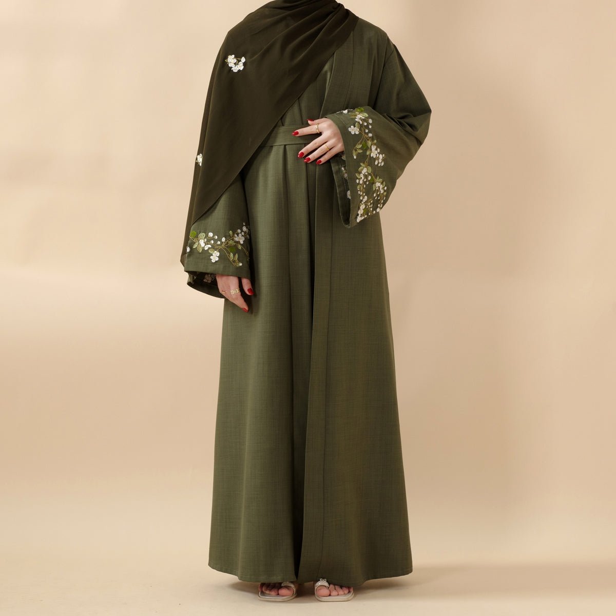 Olive Branch Embroidered Linen Abaya Set With Matching Belt & Hijab (MOA037), view 2