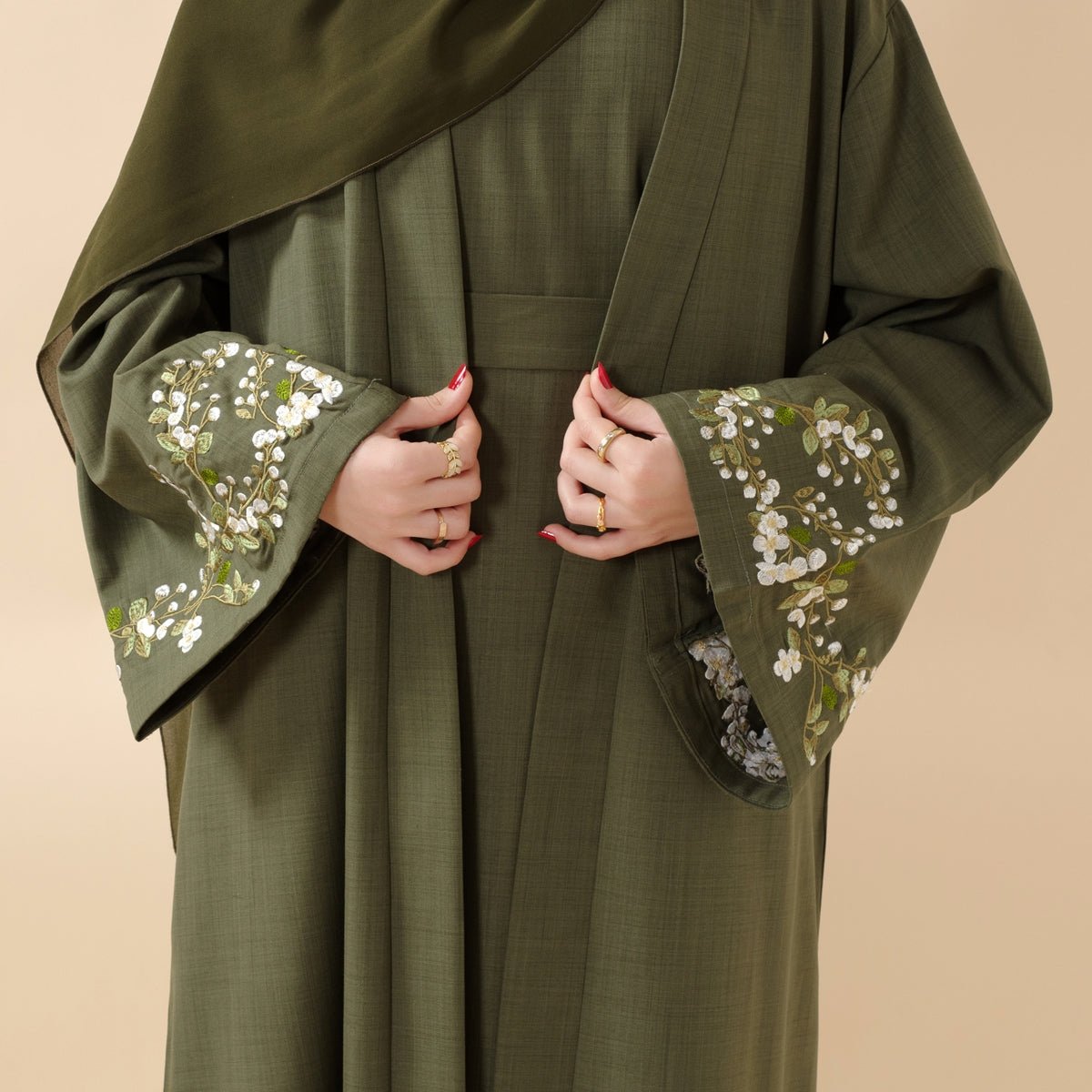 Olive Branch Embroidered Linen Abaya Set With Matching Belt & Hijab (MOA037), view 3
