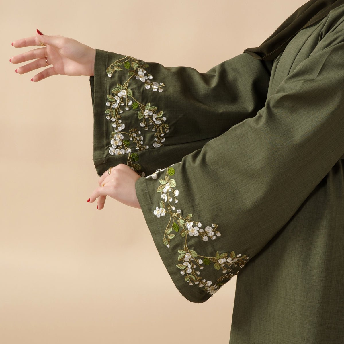 Olive Branch Embroidered Linen Abaya Set With Matching Belt & Hijab (MOA037), view 4