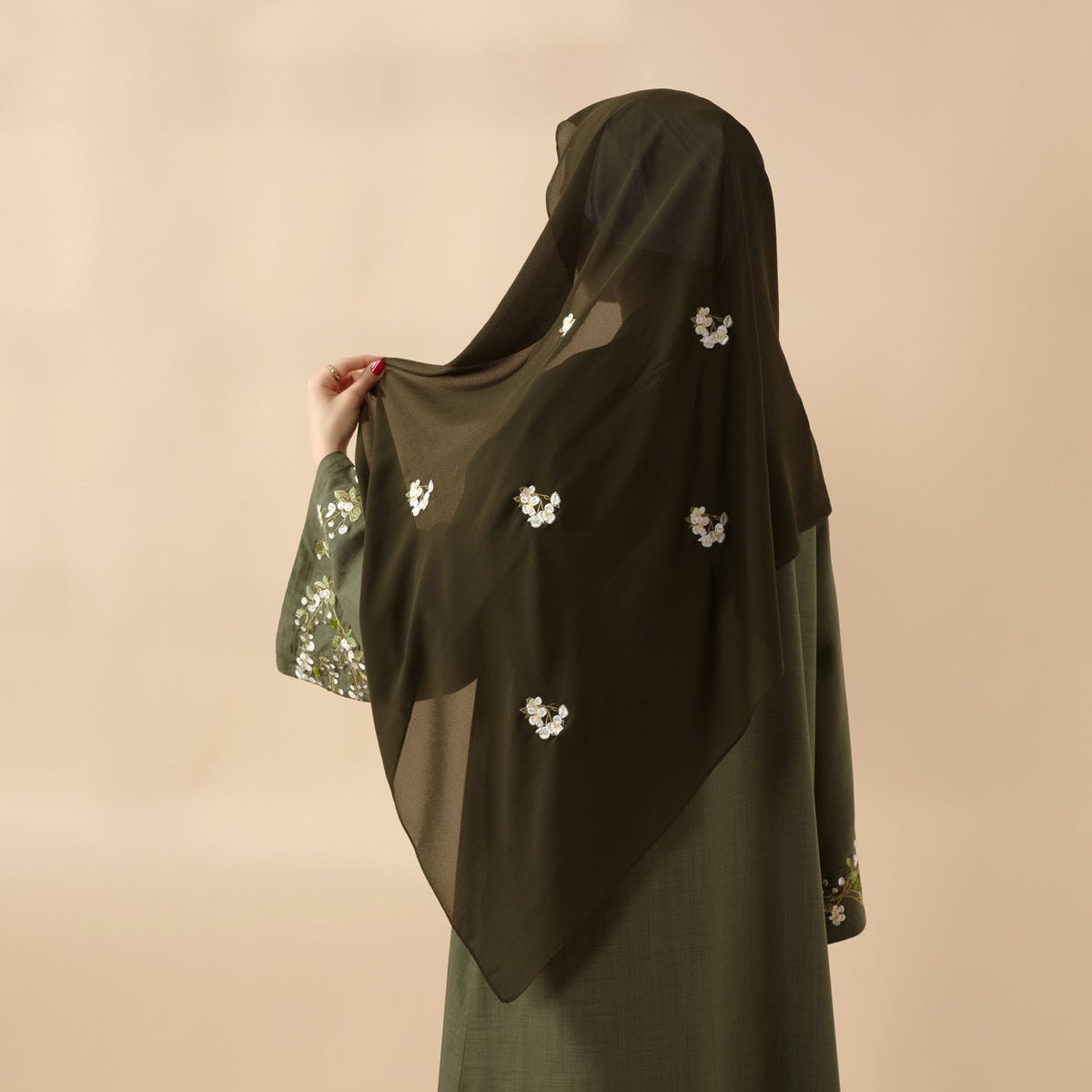 Olive Branch Embroidered Linen Abaya Set With Matching Belt & Hijab (MOA037), view 5